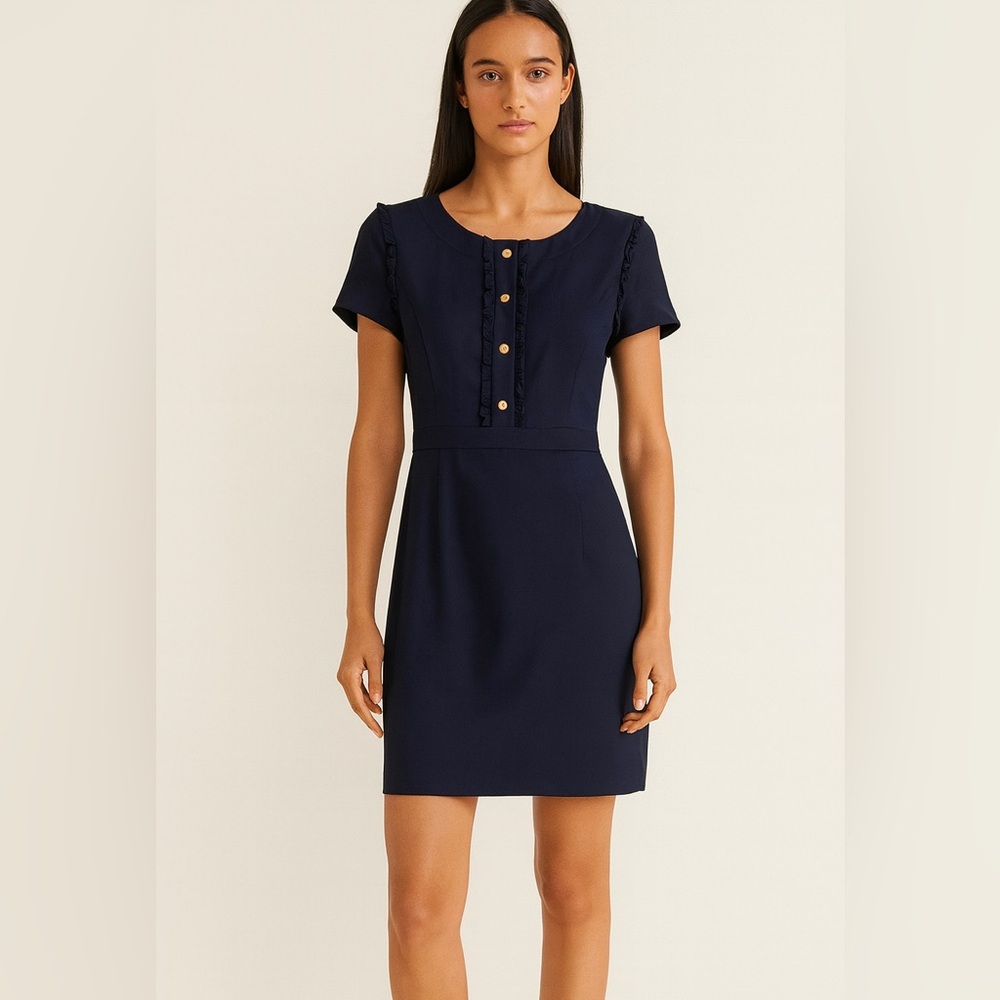 Brooks Brothers Red Fleece Navy Wool Blend Ruffle Front Dress Size 12